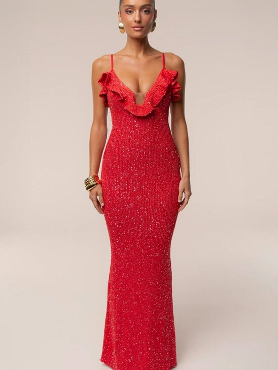 JLUXLABEL Dresses & Skirts - JLUXLABEL Red Beaded Ruffle V-Neck Maxi Dress